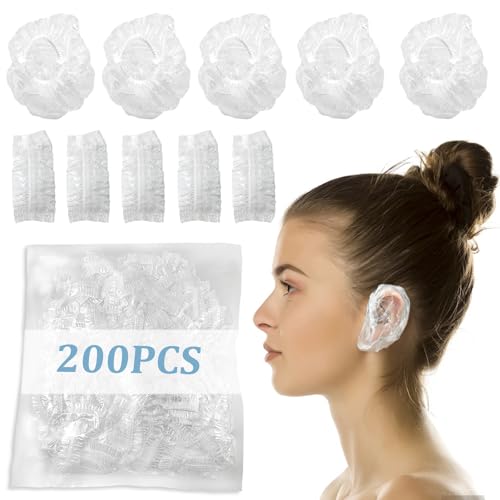 200 PCS Disposable Clear Hair Color Ear Covers for Adults, Protectors Waterproof Ear Piercing Bags for Shower Washing Hair Dye Bathing, Thickening Ear Protection Plastic Caps