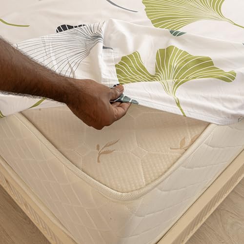 Image of HOMEMONDE Customize 210 TC Cotton Fitted Bedsheet with Elastic | Blue Green Leaf Design Soft Durable Bedding with 2 Coordinated Pillow Covers | Perfect for Home Decor & Gifting