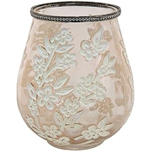 Clayre & Eef Glazen Theelichthouder Ø 10 * 9 cm Bruin Wit Glas Metaal Rond Bloemen Waxinelichthouder Windlichthouder