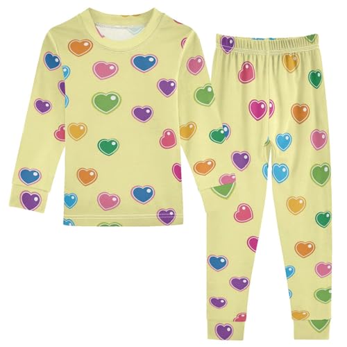 Pajama Sets Long Sleeve Colorful Hearts Yellow Background Soft Comfy Sleepwear 2 Piece PJS 3-8T