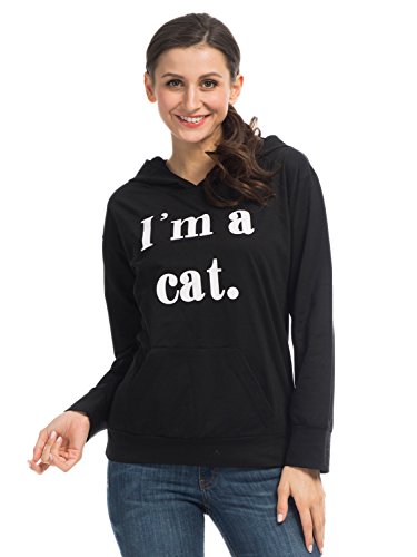 PERSUN Women's Black Cat Ear Hoodie I’m a cat Letter Print Cute Juniors Hooded Sweatshirt - Thumbnail 3