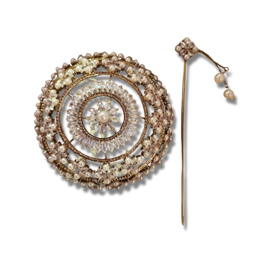 Image of Hair Bun Cage Accessory for Women | Handcrafted Brass Juda Cover with Stick | Anti-Tarnish Traditional Hair Accessory for Wedding & Festive (Sitara Hair Bun (Antique Gold))