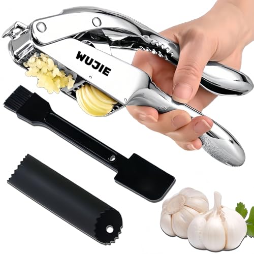 WUJIE 2-in-1 Garlic Press and Slicer, Stainless Steel Crusher with Cleaning Brush, Professional Kitchen Tool for Mincing Garlic and Ginger