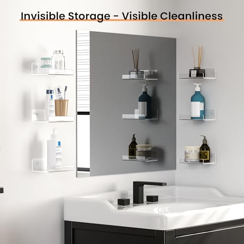 Image of upsimples 6 inch Acrylic Shelves, Small Shelf for Wall Decor and Display, 6 Pcs | Small Floating Shelf for Plants, Speaker, Toys, Invisible Wall Display for Bathroom, Bedroom, Living Room, Room Decor