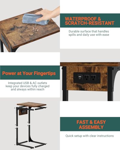 Image of C-Shaped Side Table for Couch - Small Coffee Stand Sofa Tray Desk with Metal Frame Waterproof Scratch Resistant Wood Top and Built-in Charging Station, Rustic Brown