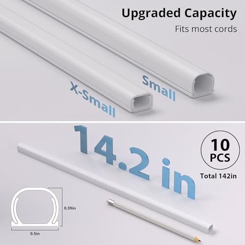 Image of ZhiYo 142in Cord Covers for Wires on Wall, One Cord Hider, Self-Adhesive Wire Covers for Cords on Wall, Paintable TV Cable Hider, White Cable Management Raceway Channel, 10x L14in, W0.5in H0.4in