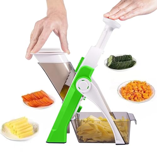 HEVOL - Mandolina de cocina profesional, cortador de verduras ajustable avce hoja de acero inoxidable, safety Slicer manual multifunción para verduras, Juliana, hacer papas fritas, verde