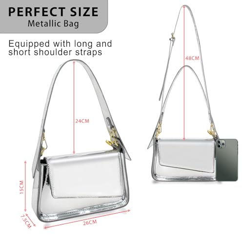 Image of Women's Y2k Silver Metallic Hobo Purse - Sparkly Evening Shoulder Bag for Party, Wedding, Going Out Handbag | Metallic Evening Bag