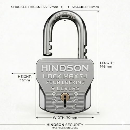 Image of HINDSON 16 Same Keys MAX 74mm 4 Locking System | 9 Lever Mechanism | Chrome Finish Heavy Duty Big Size 610g Approx | 4 Locks with 16 Same Keys for Gate, Shutter & Home Use