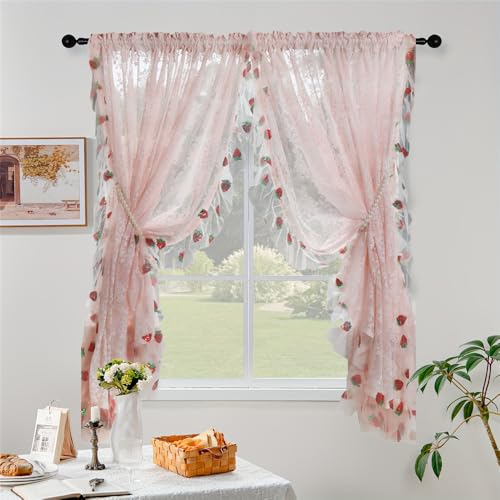 Image of NewWPKIRA Princess Style Pink Floral Embroidery Lace Curtain with Sequins Strawberry Trim Romantic Lace Sheer Short Curtains for Girl's Bedroom Rod Pocket Top 2 Panels (Pink,W42 x L63 inches)
