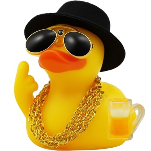 Quackly Car Rubber Ducky, Unique Dashboard Decoration Ducks with Top Hat Sunglasses Necklace, Quirky Funny Gifts, Beer