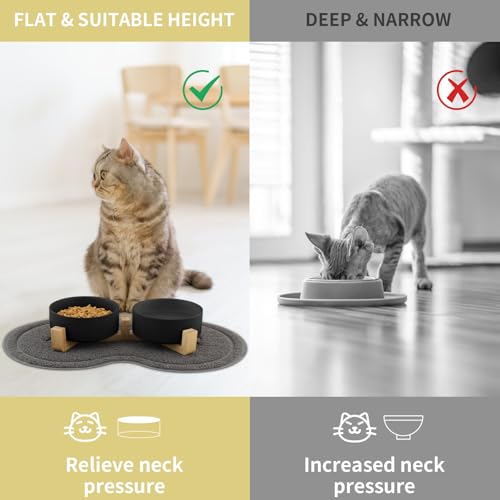 Zosenyer Katzennapf, 2 Stück Keramik Futternapf Katze Set, 3-in-1 rutschfeste Katzennäpfe mit Holzstände und Matten, Fressnapf und Wassernapf für Katzen und Kleine Hunde