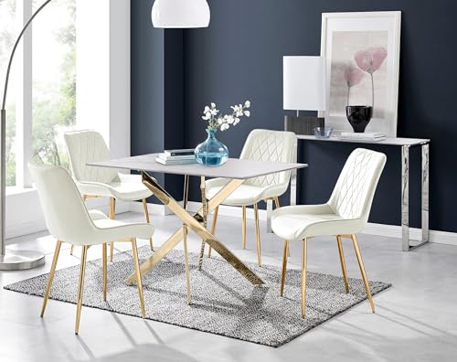 Furniturebox UK Leonardo White Glass Marble Effect Gold Leg Table & 4 Cream Pesaro Gold Leg Chairs