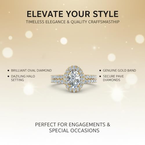 Image of Choose Your Gemstone Oval Halo Rollover Diamond CZ Wedding Ring Yellow Gold Plated Oval Shape Wedding Ring Sets Matching Jewelry Wedding Jewelry Easy to Wear Gifts US Size 4 to 12