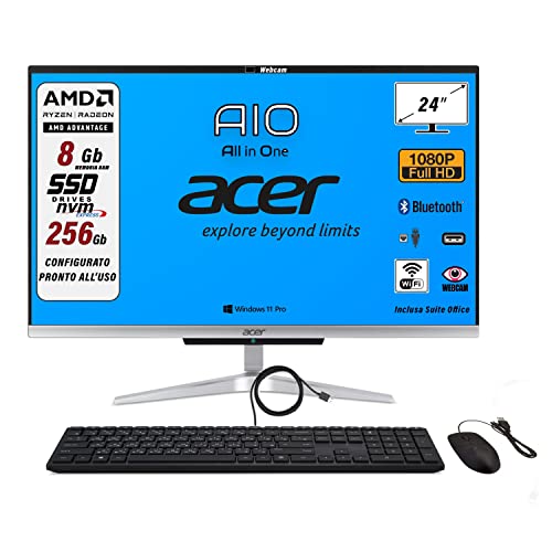 Acer All in One AMD Athlon 3050u, 256GB SSD, 8GB RAM, 24" FHD-Display, Win 11 Pro, Suite Office, Wi-Fi, HDMI, LAN, WebCam, Maus und Tastatur mit CIRILLICO QWERTY-Layout mit STIKERS, Einsatzbereit