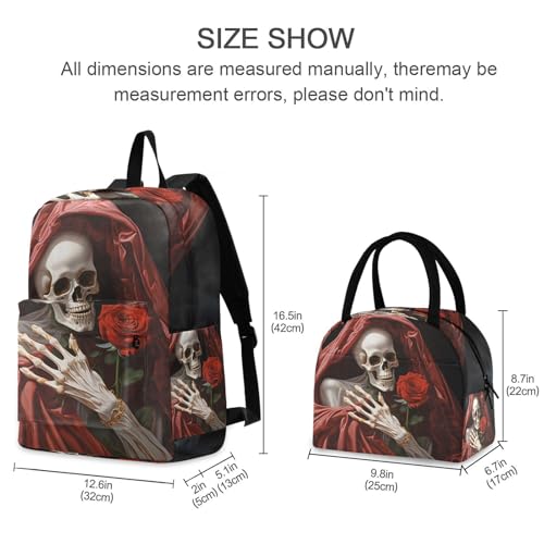 Backpack Lunch Box Set Large Capacity Travel Backpacks and Insulated Lunch Bag for Commute Hiking Picnic Skeleton with Rose Print2