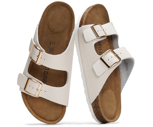 Image of Project Cloud 100% Genuine Leather Flat Sandals For Women 2026 Cork Footbed Womens Sandals with Memory Foam and arch support Vacation Essentials Slides for Women Footwear (Venita)
