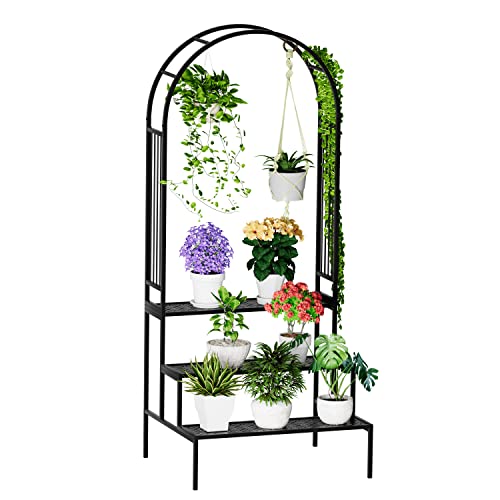 Arbuxzuy 3-Tier Metal Plant Stand Garden Arch Arbor Trellis for Outdoor Display Shelf Flower Pot Holder Storage Organizer Rack for Indoor Home,Patio Balcony Yard(Black, Rectangle)