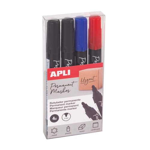 APLI 19685 - Pack de 4 marcadores permanentes con punta redonda 3mm, en colores surtidos.