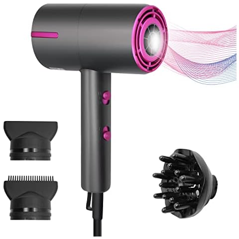 Hair Dryer with 1 Diffuser 2 Concentrator, Professional Hairdryer Low Noise Powerful AC Motor Quick Drying Ionic Blow Dryer for Curly Hair with 2 Speed 3 Heat Settings for Women Men Hairstyles, Travel Cover