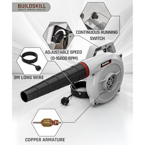 Image of BUILDSKILL 620W Air Blower Machine | 16000 RPM 1.5 kg Heavy Duty Copper Armature Air Blower with Variable Speed | Air Flow of 3.7 m3 /min | Suitable for Large & Small Areas | 3 Meter Long Wire - Grey