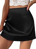 PCPXGE Satin Mini Skirt for Women - High Waisted, A-Line, Short Silk Skirt in Black, X-Small