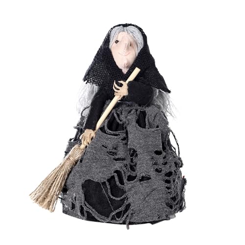 ZHDOKA 6.5in Halloween Old Woman Tree Topper, Witch Tree Topper with Spider Web Dress and Broom, Halloween Tree Top Decoration for Desktop Treetop Fireplace Decor (A)