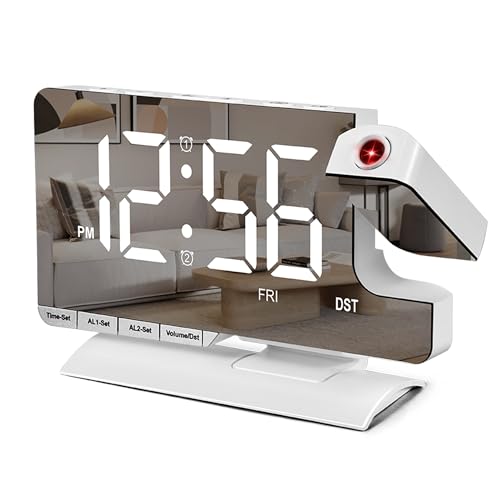 SZELAM Digital Clock,Alarm Clock Bedside with Projection,7.3' Mirror Clock with 180°Rotating Projector,Dual Alarm with 3 Mode,Brightnee Adjust,DST,Snooze,Charging Port,5 Levels Volume for Desk Teens