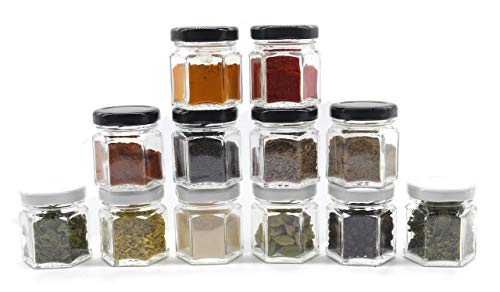 Image of Cute Hexagonal 50 Grams Airtight Glass Jar Containers for Honey, Spices & Other Kitchen Items with Rust Proof Black & White Color Caps -Set of 12