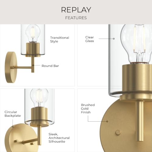 Image of Progress Lighting Replay 5.125 Inch 1-Light Vanity Light, Transitional, Brushed Gold with Clear Glass Shade, (9.75 inch H x 5.125 inch W x 5.875 inch D), P300581-191
