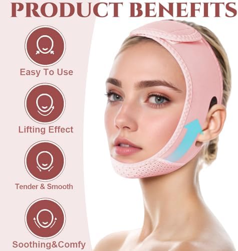 V Line Lifting Mask with Chin Strap for Double Chin for Women -Face Lift, Prevent Sagging, V Shaped Slimmer - Innovative Lifting Tech (Pink)