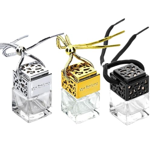Parliky Colgantes para Coche Frascos de Perfume Cuadrados de Vidrio Hueco 8 Ml Set de 3 Unidades Dorado Plateado y Negro sin Perfume Frascos para Aceite Esencial y Decoración