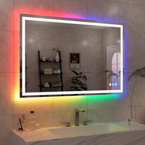 Image of WTTY LED Bathroom Mirror 48 inchx32 inch with RGB Backlit and Front Light,Stepless Dimmable LED Mirror for Bathroom,Colored Lighted Bathroom Vanity Mirror,Anti-Fog,Memory Function,Shatter-Proof