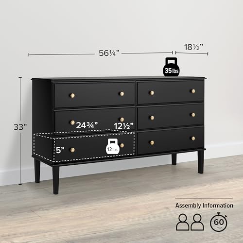 Image of Prepac Lux Dresser, Black Dresser for Bedroom, Chest of Drawers with 6 Drawers 18.5 inch D x 56.25 inch W x 33 inch H, BDBR-2306-1