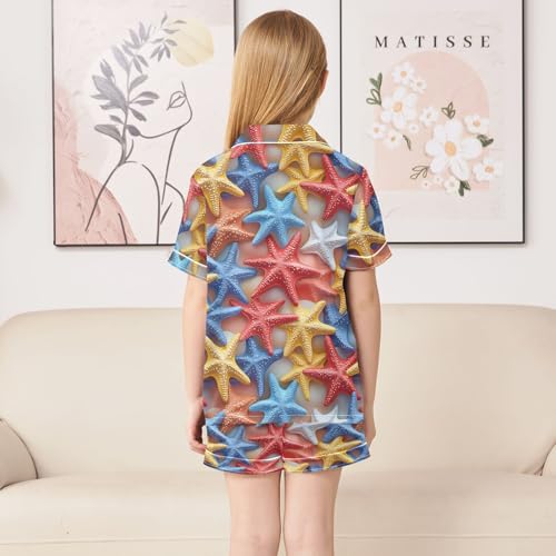 ALAZA Starfish 3d Colorful Satin Pajamas Set Short Sleeve Button Down Sleepwear Summer Pjs 2 Piece4