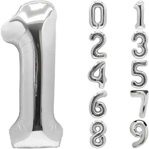Image of Number Balloons Silver Party Balloon - Giant Number 1 Balloon, 40 Inch Large Balloon for Birthday Decorations, Silver Party Supplies for Anniversary