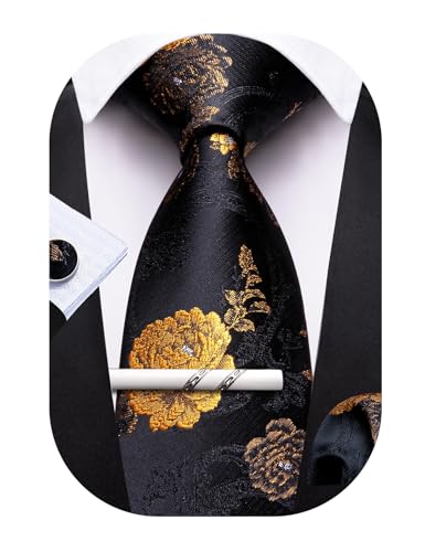 Barry.Wang Conjunto de Corbatas para Hombre Corbata Floral Pañuelo de Bolsillo Gemelos Clip Corbatas Clásicas de Seda para Hombre Conjunto de 4 Piezas para Boda Fiesta Negocios, Taille unique