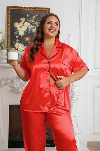 Image of Vozanet Women's Button Down Satin Pajama Sets Silky Short Sleeve Top & Pants Plus Size Loungewear Classic Sleepwear XL to 5XL