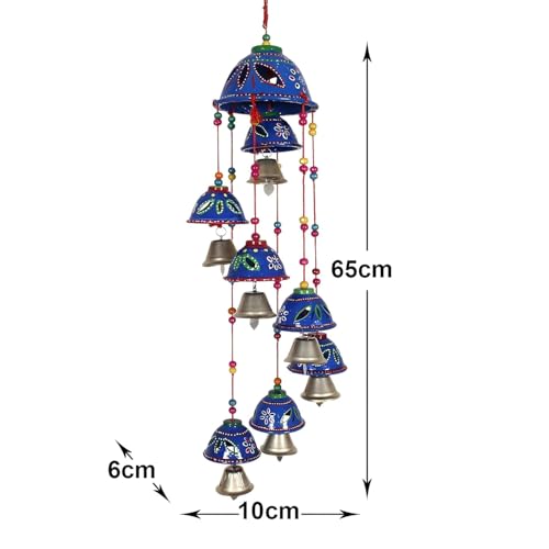 Image of Bindian Rajasthani Handcrafted 8-Bell Hanging Windchimes | Traditional Plastic Latkan for Home Decor, Vastu & Positive Energy | Elegant Wall Hanging for Balcony, Living Room (Blue-2)