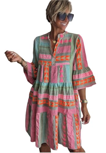 Image of Summer Shirt Dress for Women Long Sleeve Floral Printed Button Down Mini Dresses