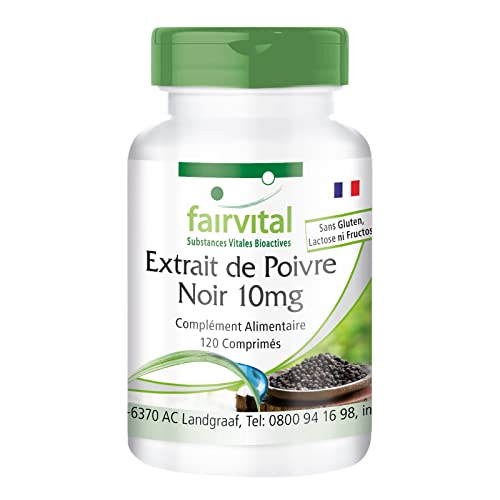 fairvital Extrait de poivre noir 10mg, 120 comprimés, faciles à avaler, 95% de pipérine, boîte pour 4 mois, 100% végétalien, qualité contrôlée, fabriqué en Allemagne