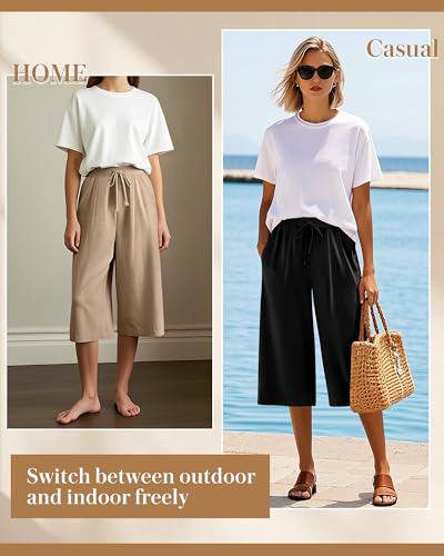 3 Pack Women's Capri Pants, Casual Wide Leg Yoga Pants High Waist Drawstring Cropped Lounge Trousers with Pockets3