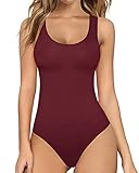 MANGOPOP Womens Scoop Neck Sleeveless Tank Top Bodysuits Sexy Backless Ribbed Body Suits Jumpsuit (Burgundy, Large)