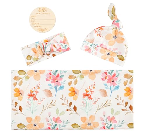 Image of Newborn Baby Girl Receiving Blanket Swaddle Blanket Stretchy Knit Swaddle Set with Matching Headband and Beanie (Orange and Pink Floral)