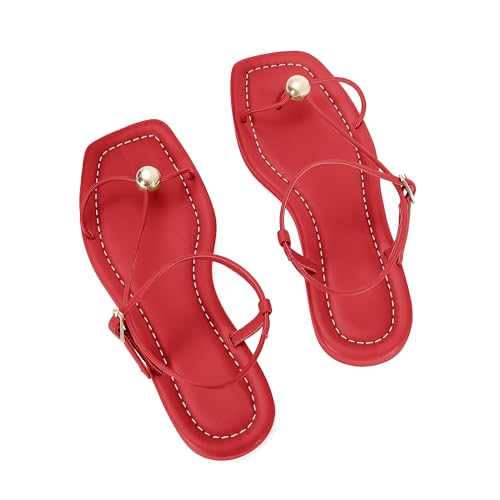 Image of Strappy Flat Sandals for Women Comfortable Open Square Toe Slingback Sandals Dressy Beach Thong Flip Flop Slides Sandals