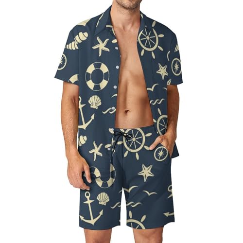 Chemise Hawaïenne Hommes Ensemble Fluide Imprimé Gouvernail À Voile 2 Pièces