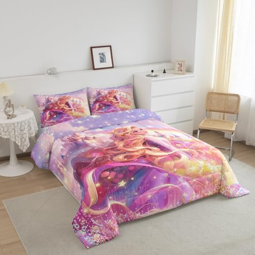 Princess Comforter Set for Boys Girls,Fairy Tale Dreamy Castle All Season Cozy Bedding Set Full Size,Watercolor Flowers Rainbow Starry Fantasy Girly Duvet Set Bedroom Decor