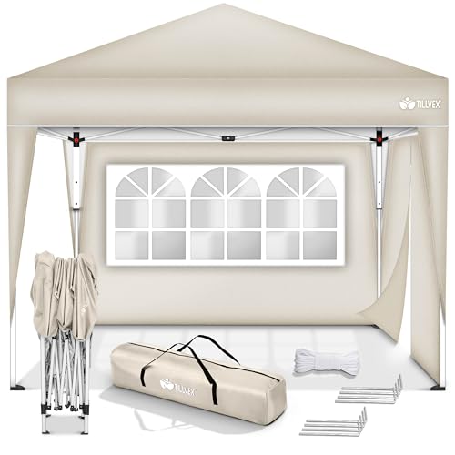 tillvex Gazebo Plegable Cenador 3x3m Impermeable | Pabellon de Jardin Pop-up Regulable en Altura | Carpa de jardín protección UV 50+ | Cenador de Fiesta con Bolsa (Beige - con 2 Paredes)