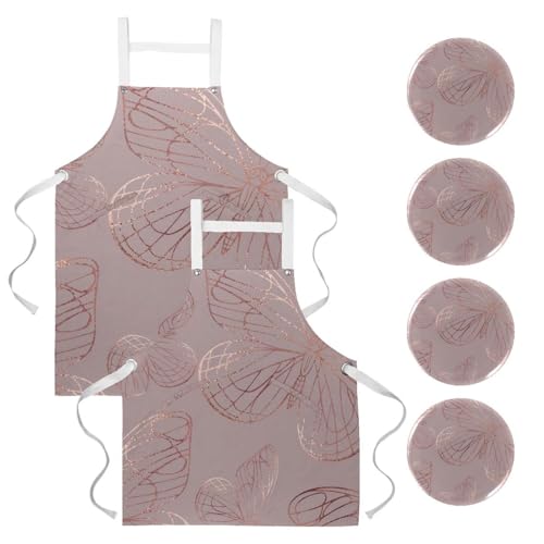 Lot de 2 tabliers de cuisine avec 4 broches motif papillon or rose multicolore taille unique