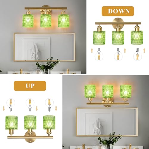 Image of Bathroom Vanity Light, Gold Wall Fixture Over Mirror, Green Glass Shade Lighting with Bulbs Included for Bedroom & Living Room,3-Lights